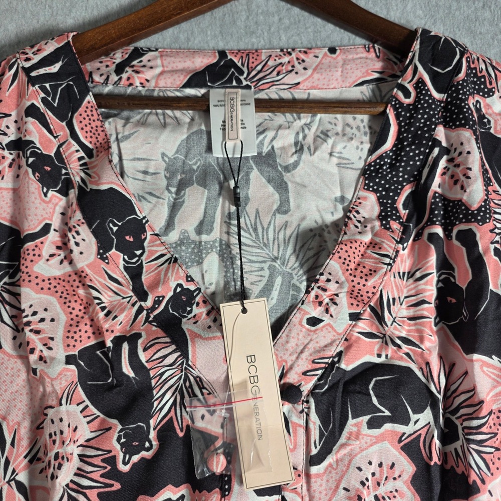 BCBGeneration Panther Tropical Print Romper Womens Medium Pink Black Rayon NWT